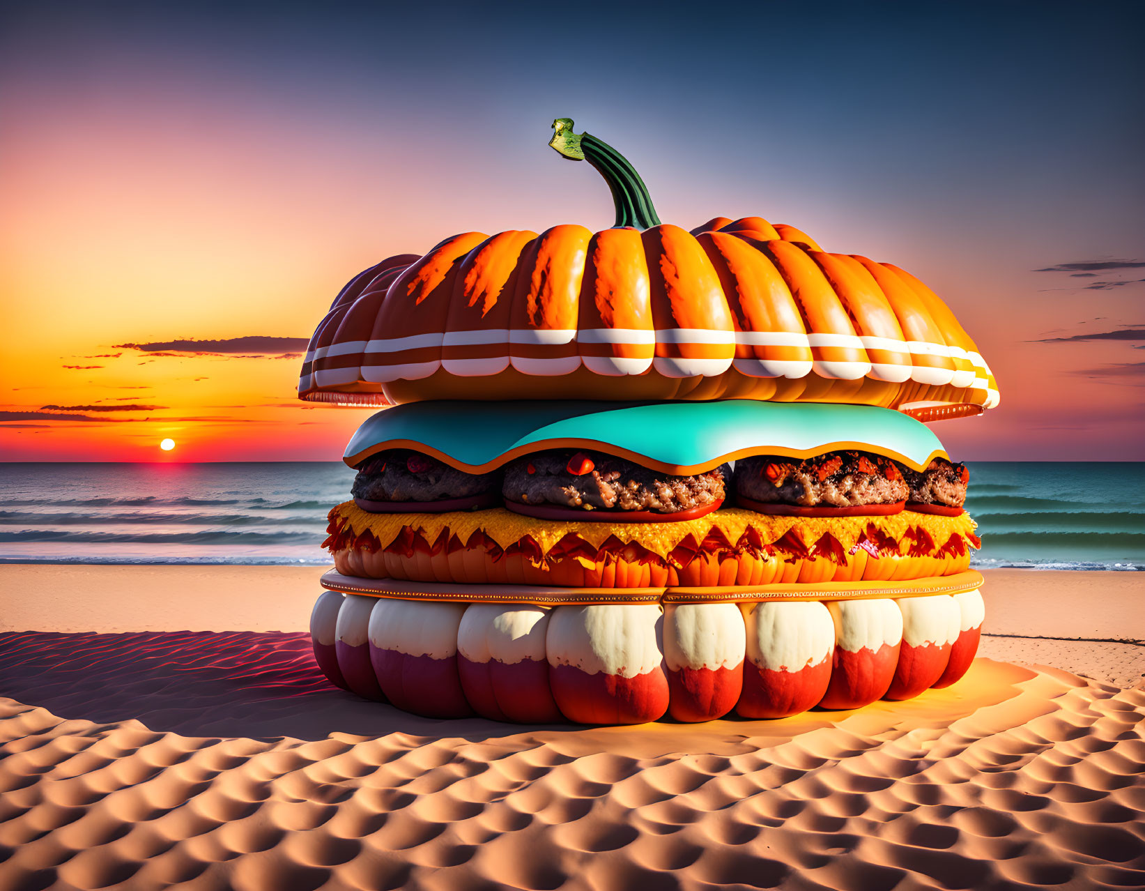 Giant Burger with Pumpkin Buns on Beach at Sunset