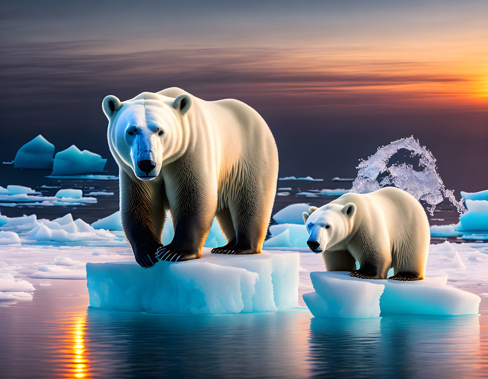 Polar bears on ice floes with sunset and icebergs