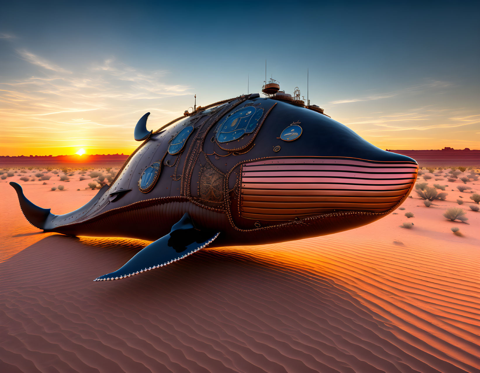 Steampunk whale-shaped airship on desert dune at sunset