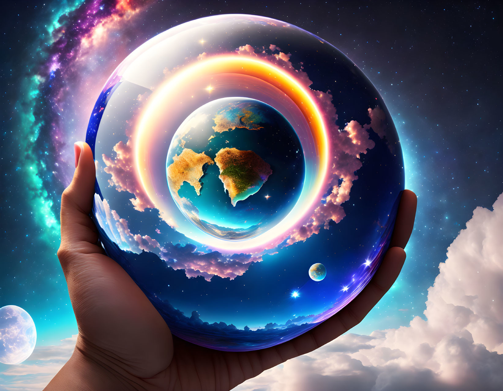 Transparent Sphere Reflecting Surreal Earth and Cosmos