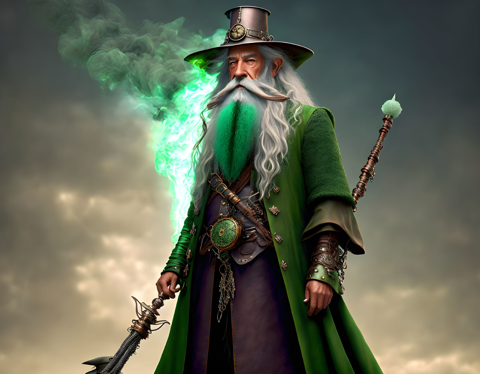 Bearded wizard casting spell with staff in green robes