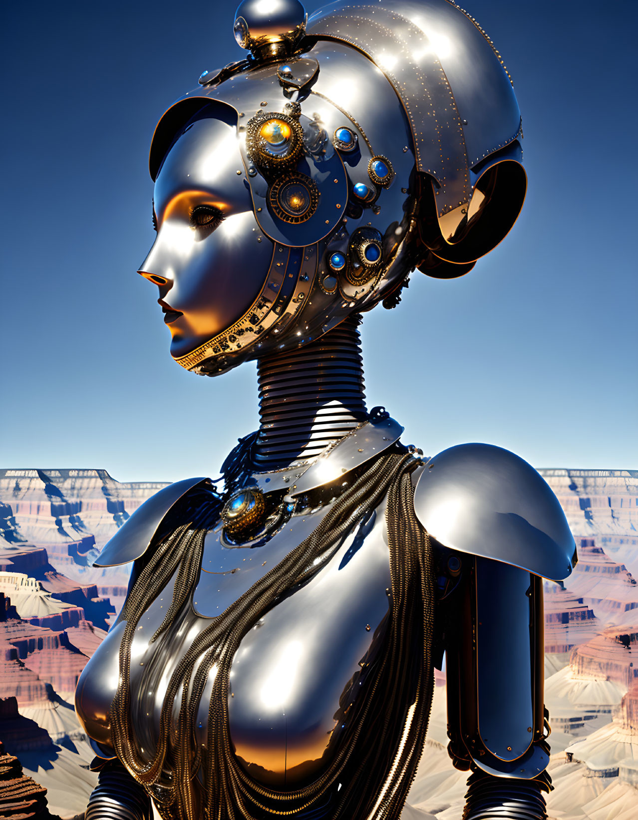 Futuristic humanoid robot against canyon cliffs under blue sky