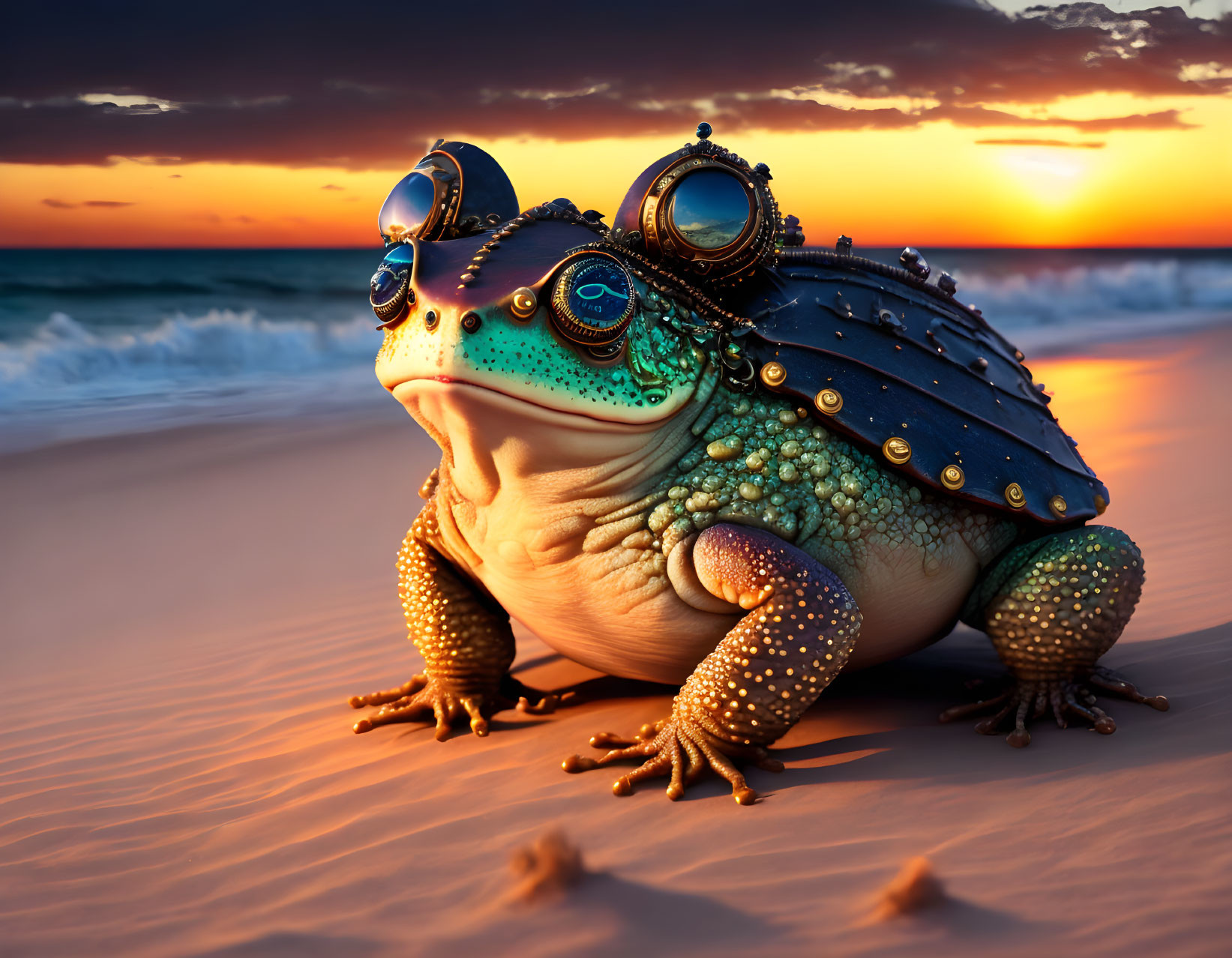 Steampunk-style frog with metal details on beach at sunset