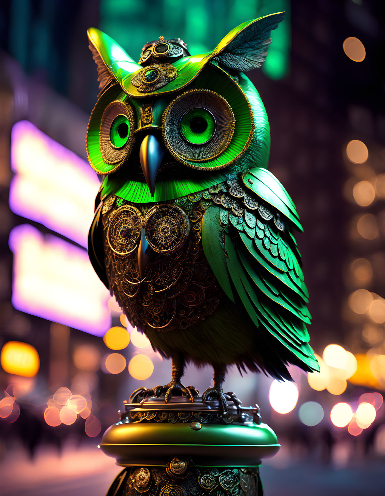 Intricate Steampunk Owl Sculpture with Metallic Feathers