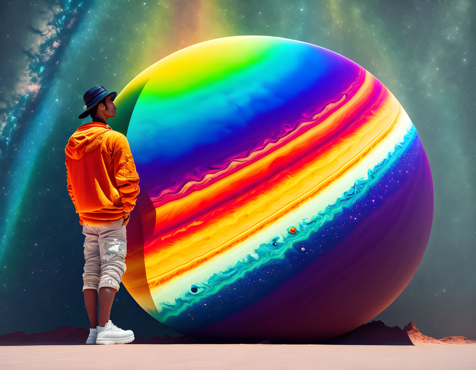 Person in hat and orange jacket gazes at large, colorful sphere on rocky terrain.