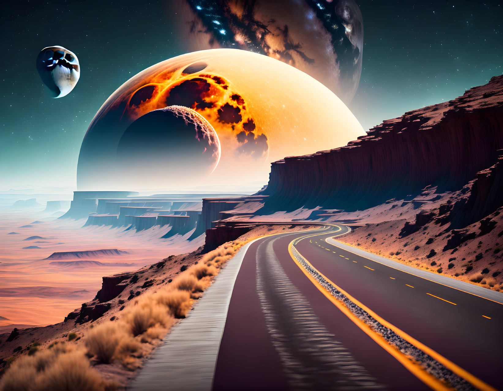 Desert road with massive planets and lava-like features