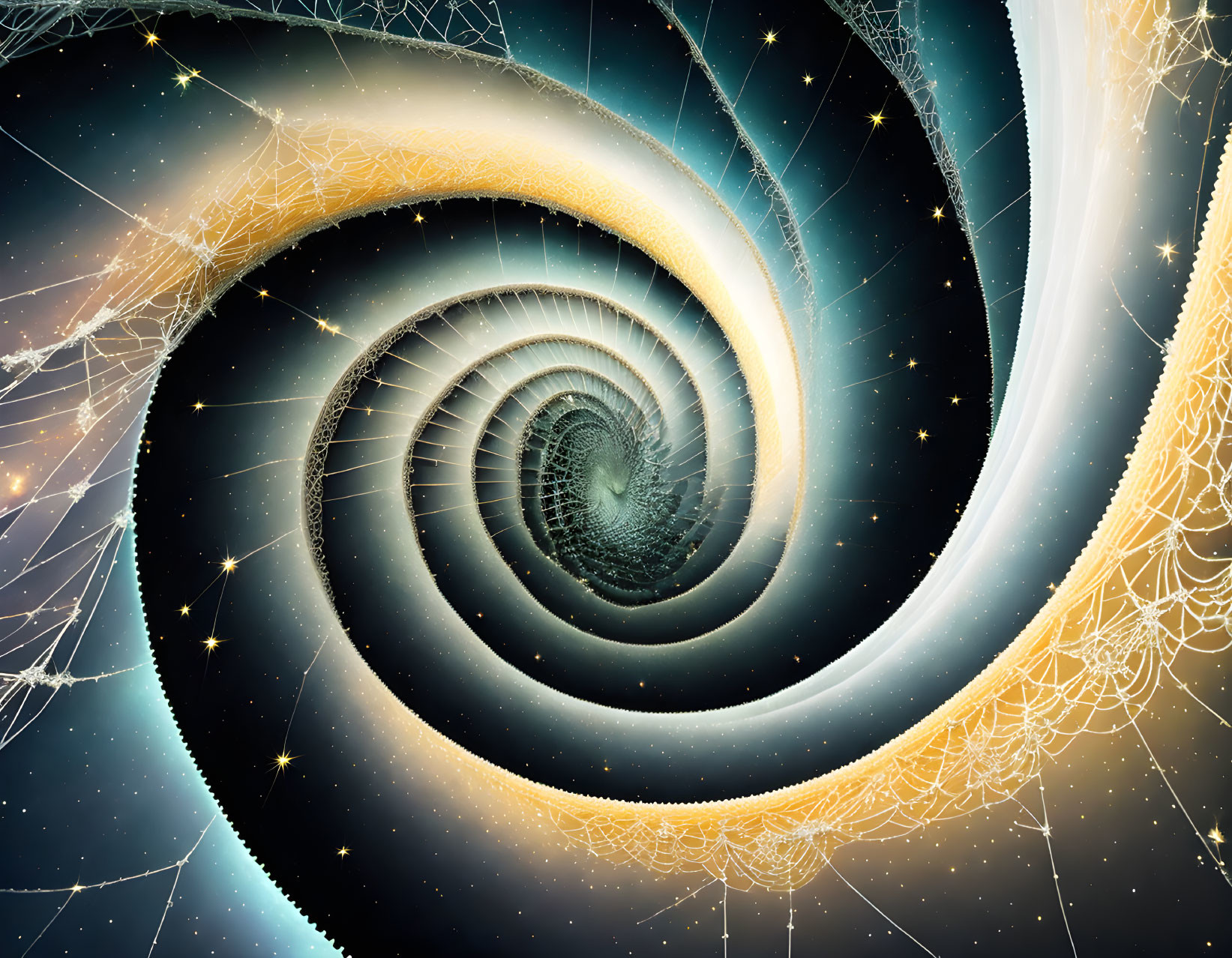 Spiral Vortex Digital Artwork in Gold and Blue Hues