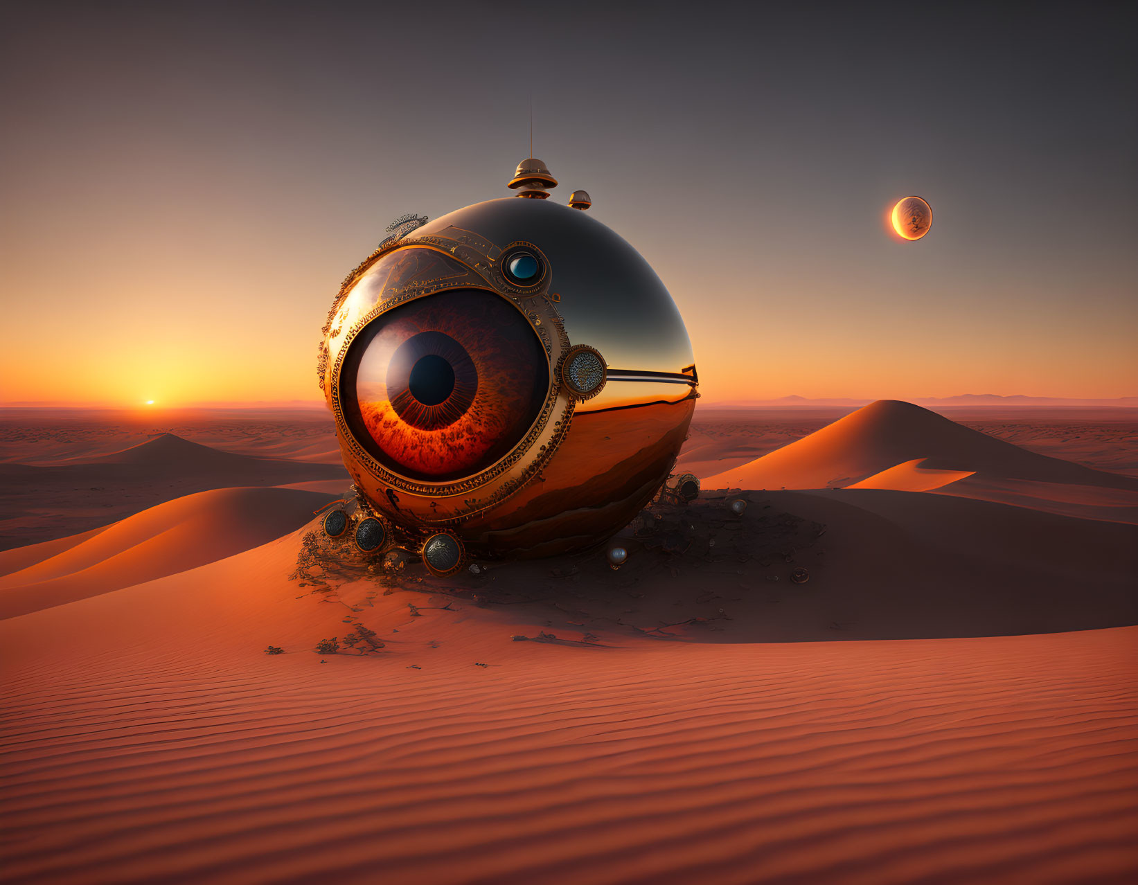 Gigantic mechanical eye in desert landscape under sunset sky