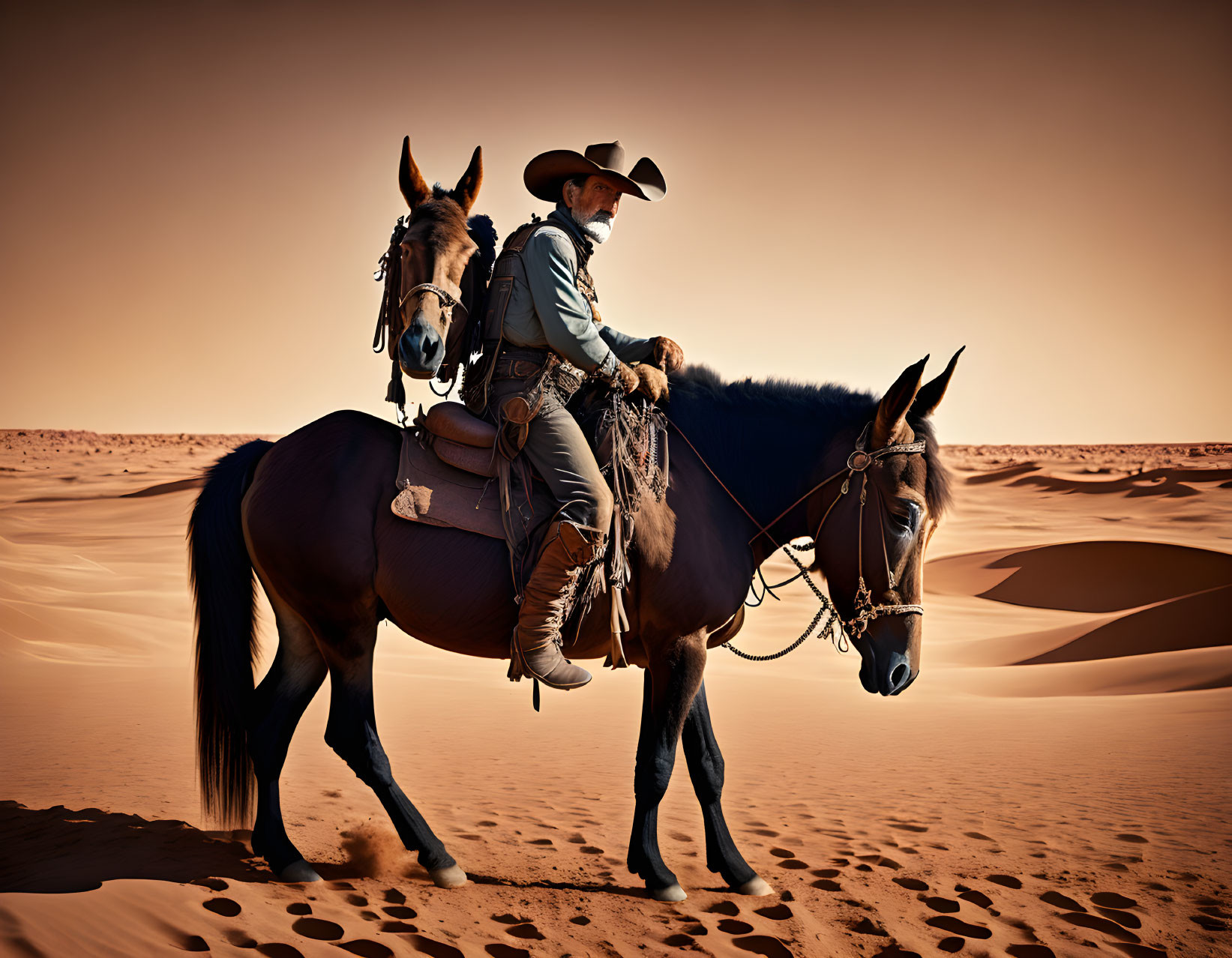 Cowboy on donkey crossing desert with sand dunes and sunset sky