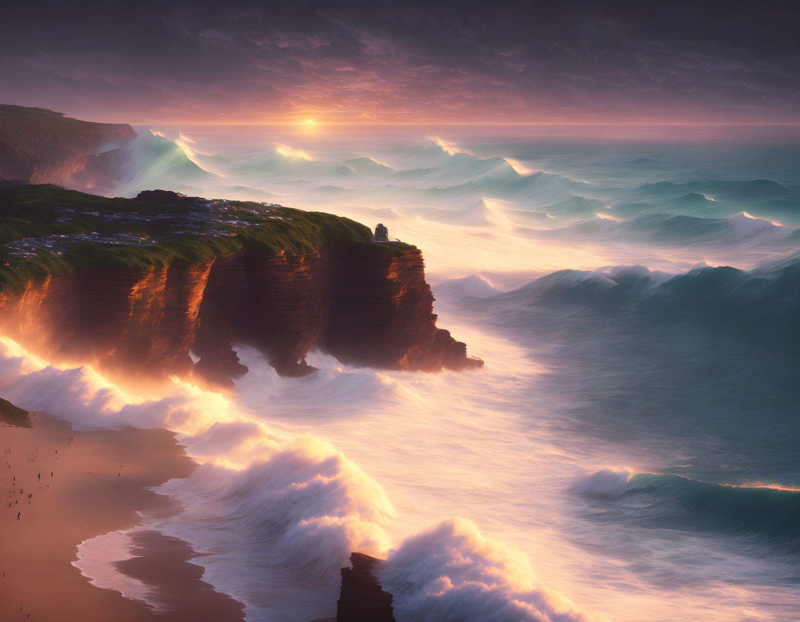 Surreal sunset with towering waves, cliffs, figure, and birds