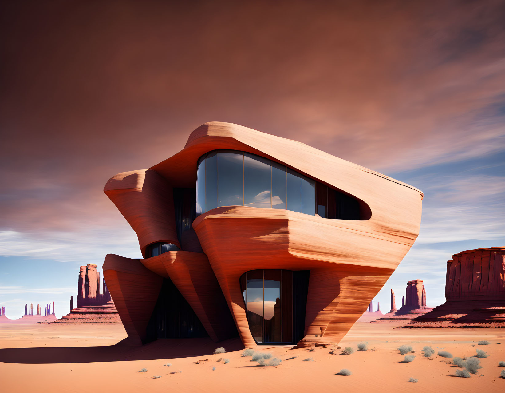 Unique Wooden Structure with Curved Walls in Desert Landscape