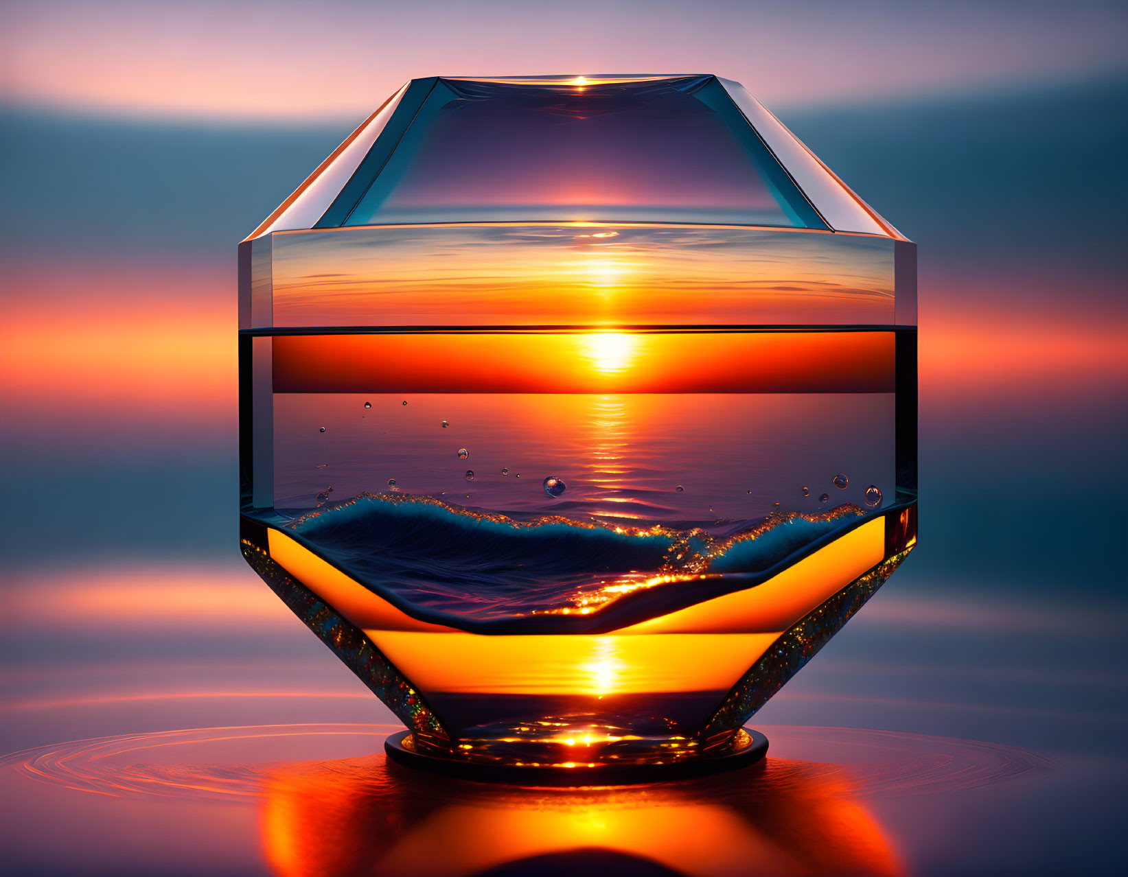 Hexagonal Aquarium with Vibrant Sunset Scene and Water Reflections