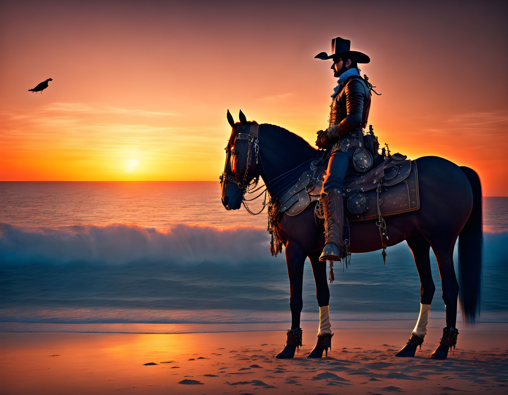 Cowboy on horseback at sunset on beach with bird in sky.