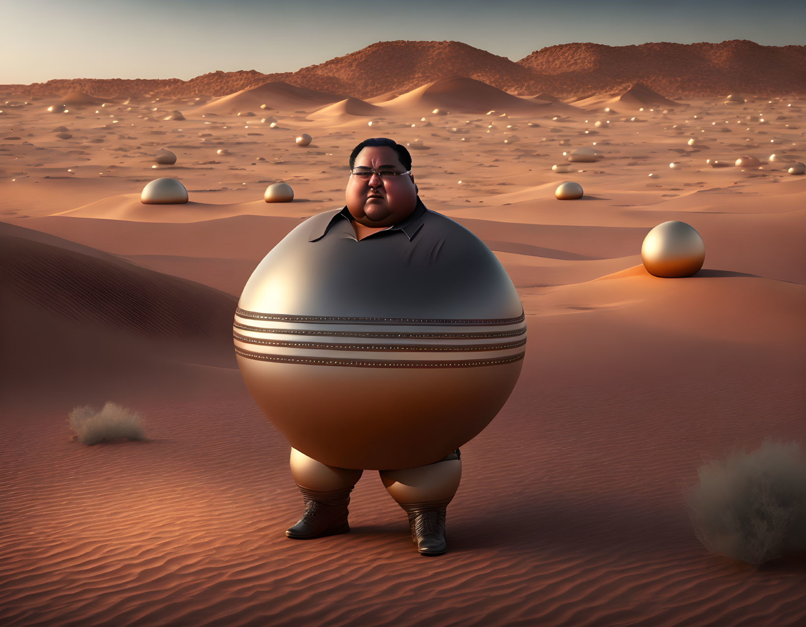 Cartoon-style illustration of a portly man in a desert