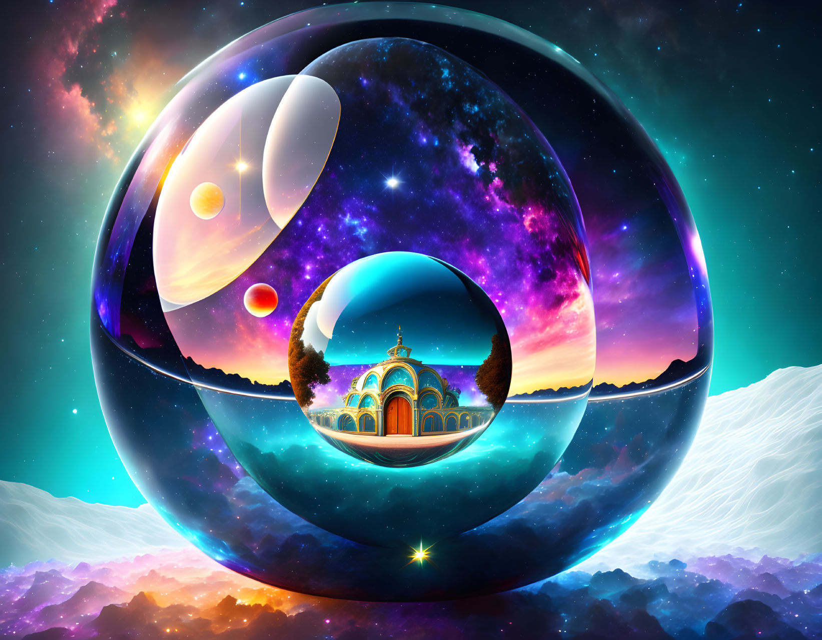 Surreal digital artwork with reflective spheres and cosmic elements