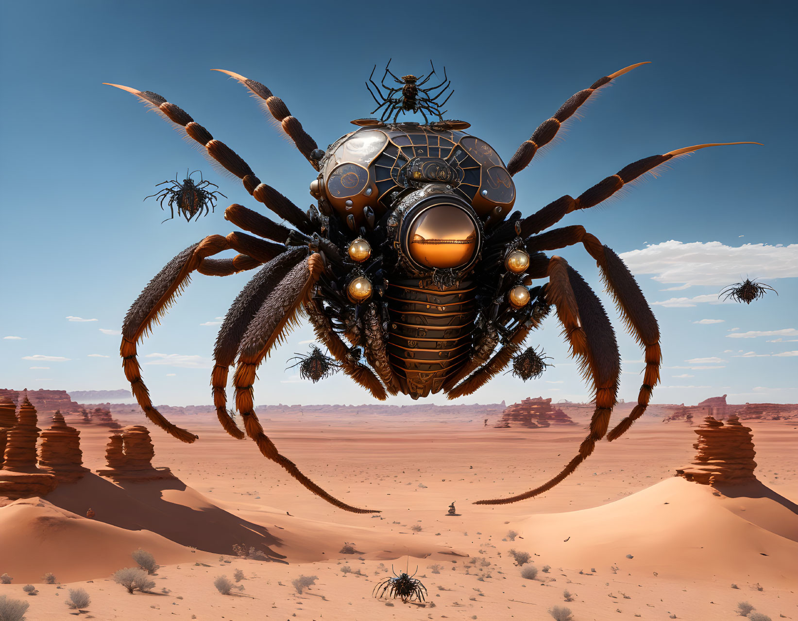 Detailed image of giant mechanical spider in desert with smaller creatures