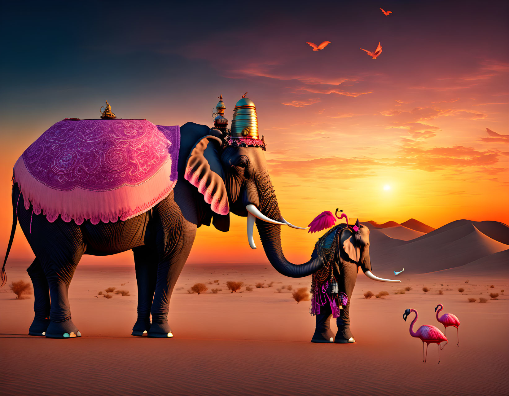 Ornate elephants in desert at sunset with sand dunes and birds