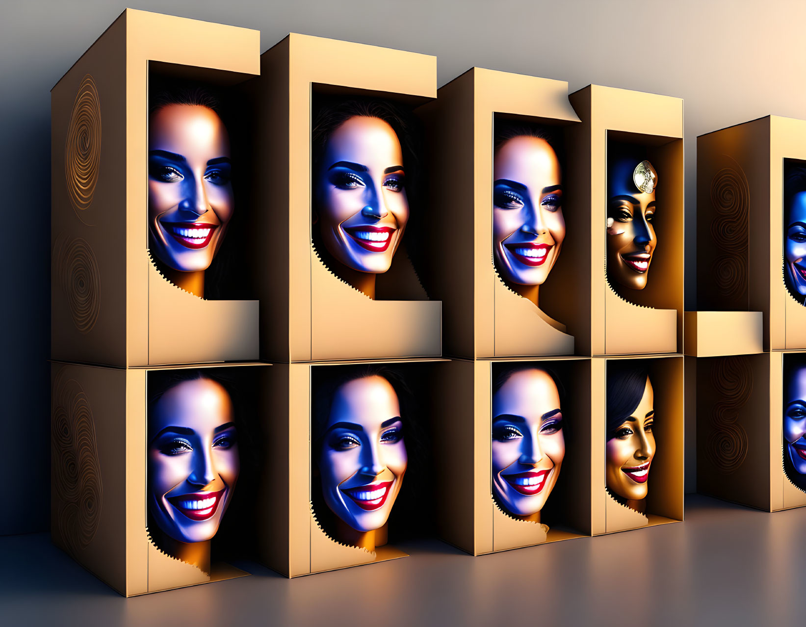 Cube-shaped displays featuring gradient women's faces.