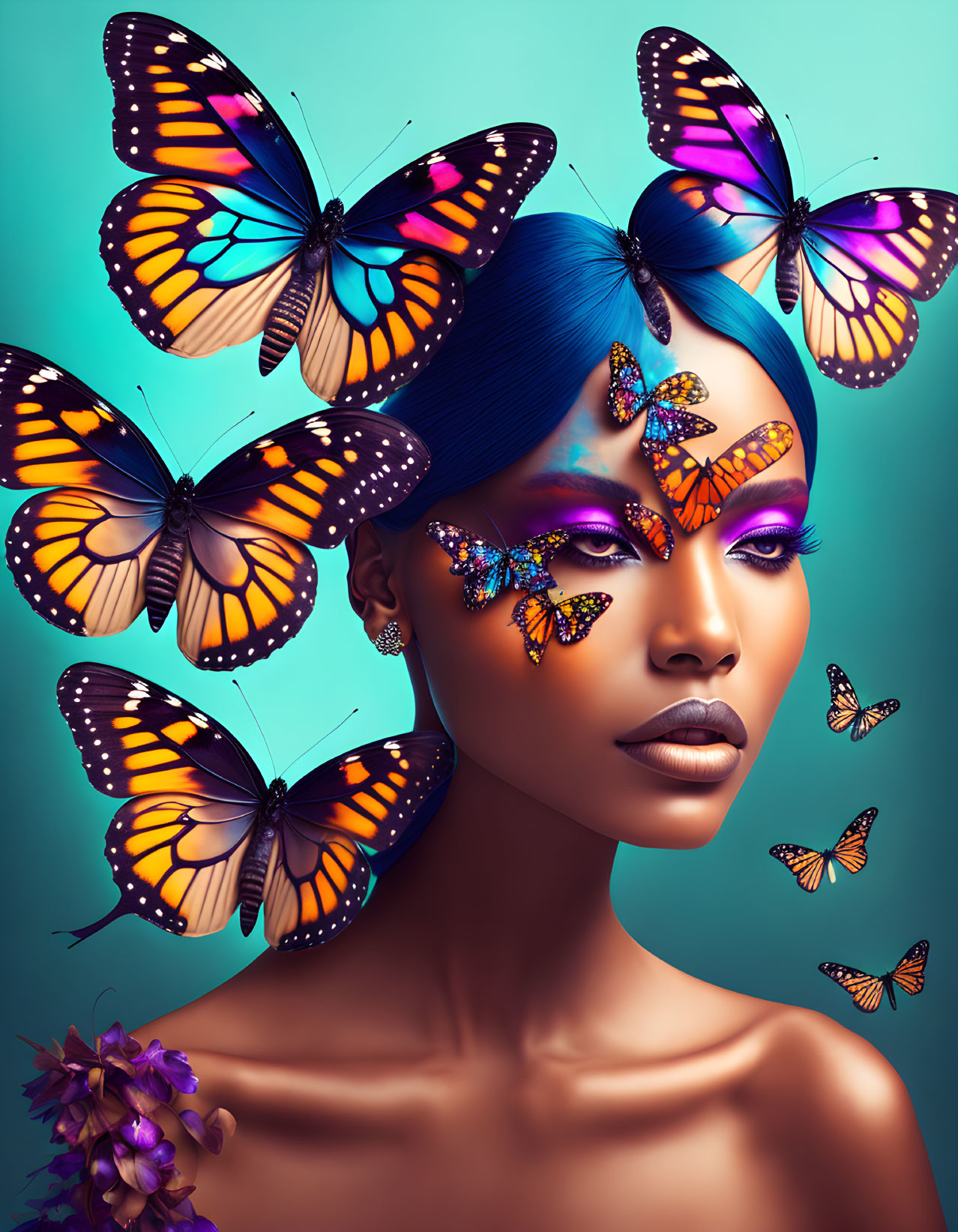 Vibrant butterflies surround woman with blue hair on turquoise background