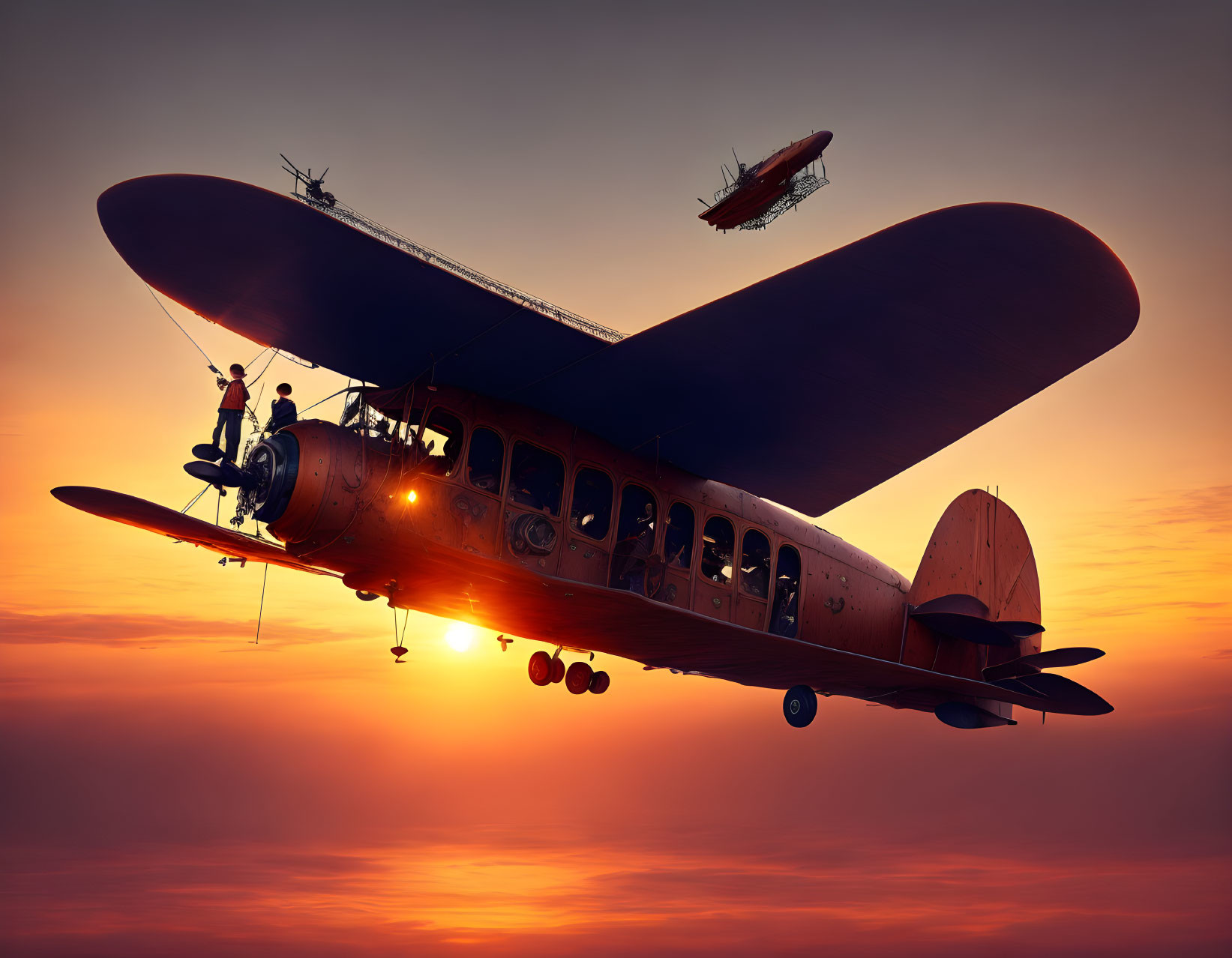 Propeller airplane flying at sunset with silhouette of another aircraft.