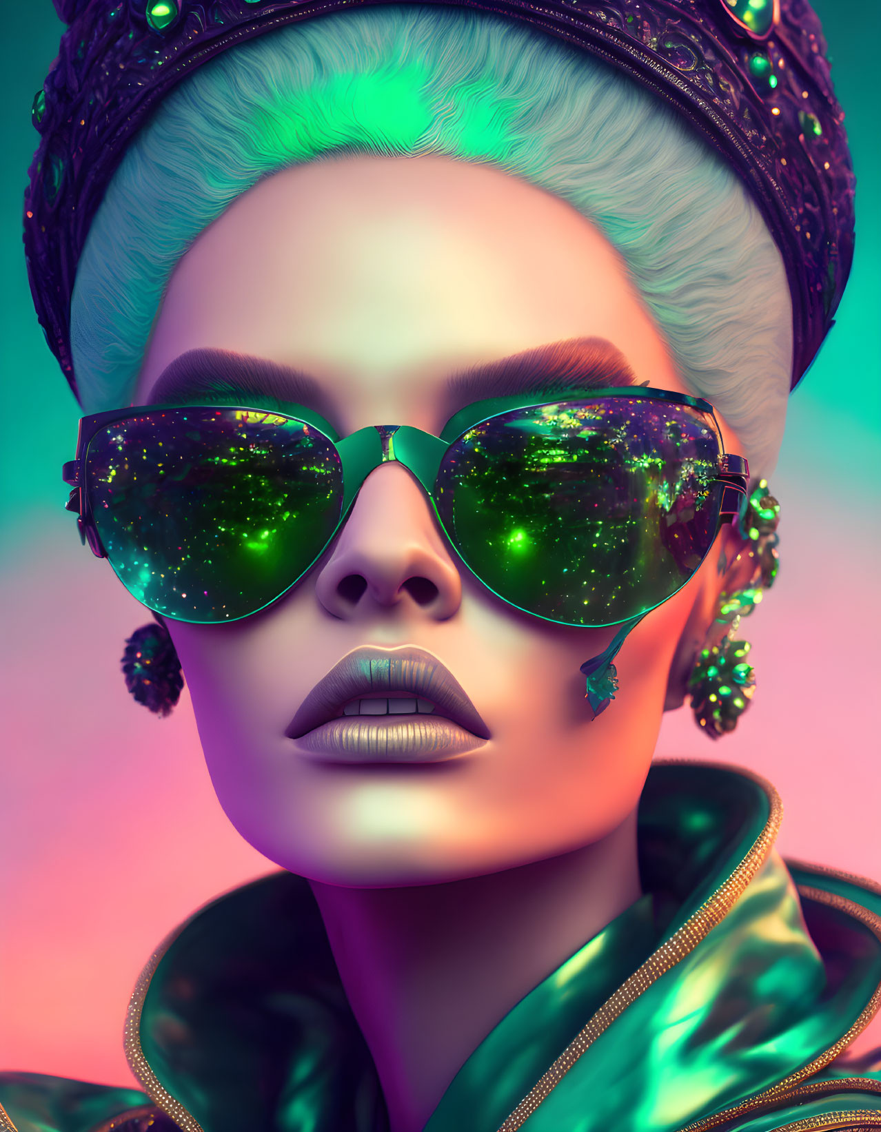 Vibrant green hair, oversized sunglasses, and ornate earrings on female figure in neon pink and