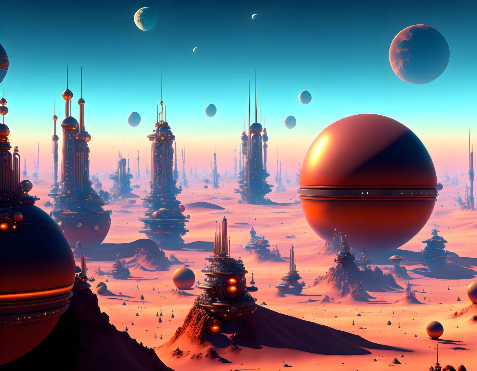 Futuristic landscape with towering spires and floating spheres