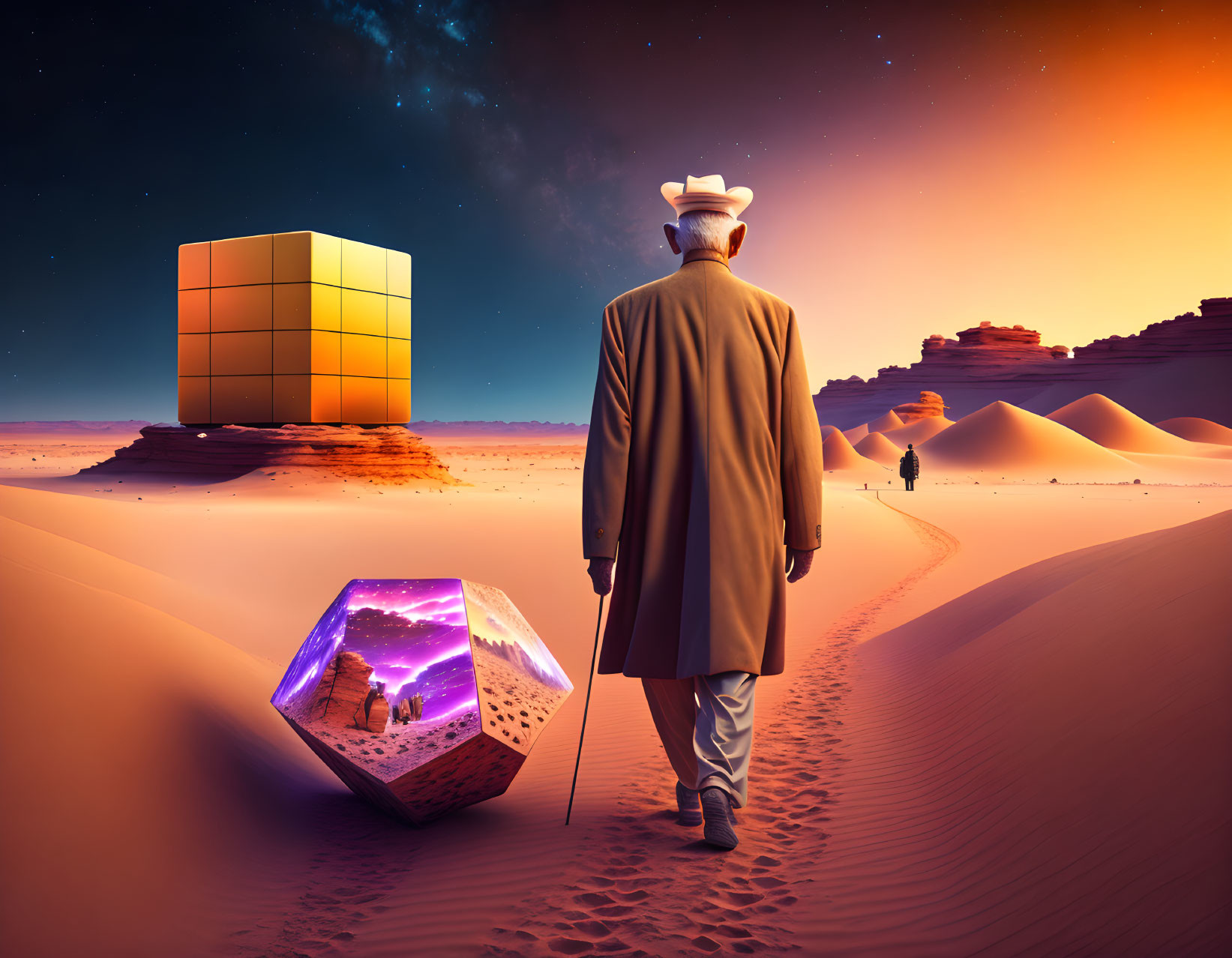 Man in coat and hat approaching large cube in surreal desert landscape