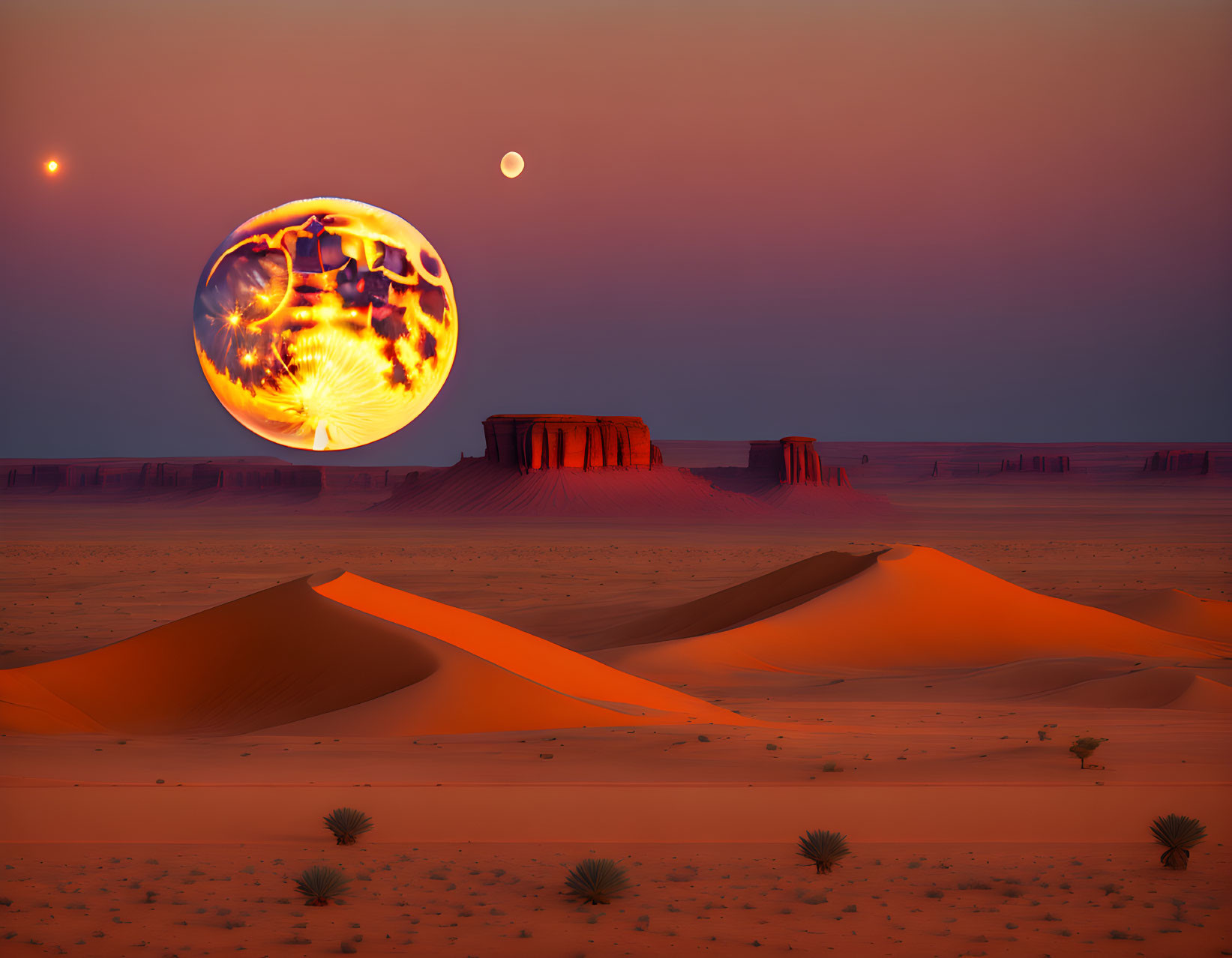 Surreal desert landscape at twilight with sand dunes, fiery planet, and white moon