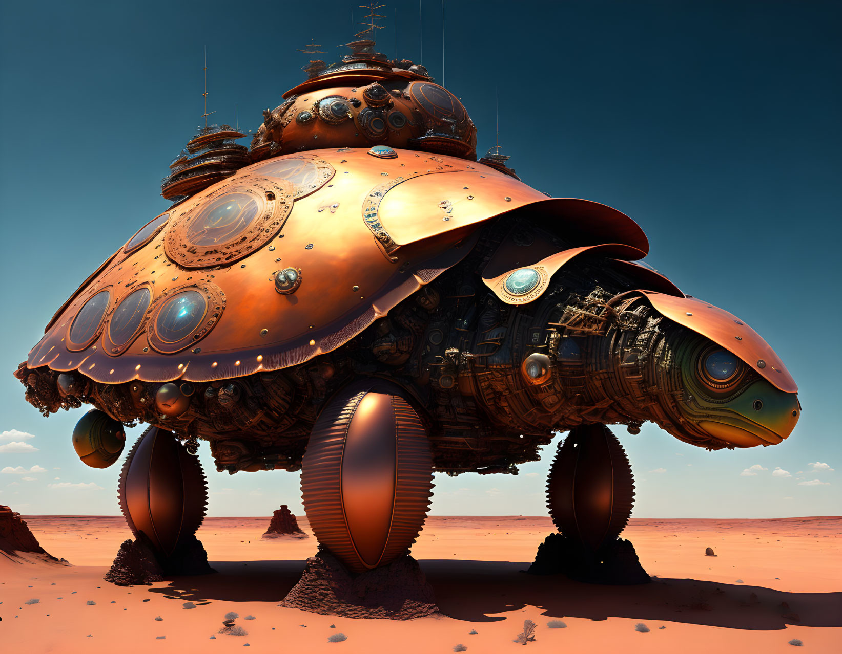 Futuristic copper-colored vehicle on desert landscape