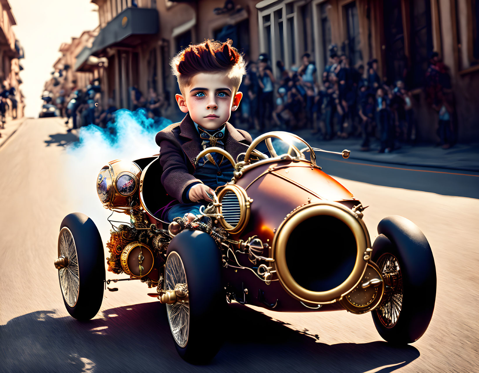 Stylized young boy racing vintage car in city street