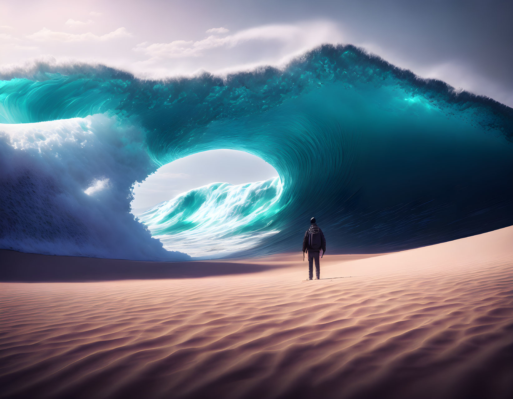 Person facing surreal gigantic wave in sandy desert