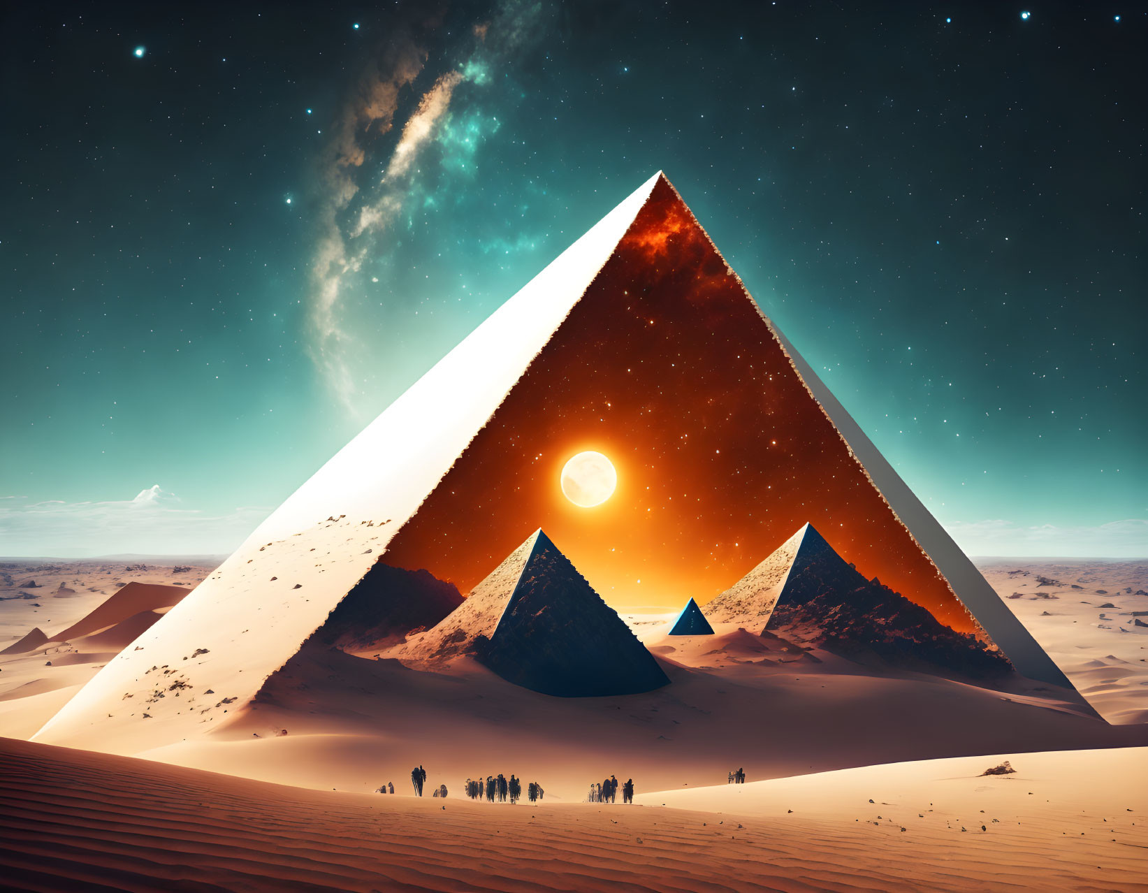 Surreal pyramids under starry sky with moon in desert scene