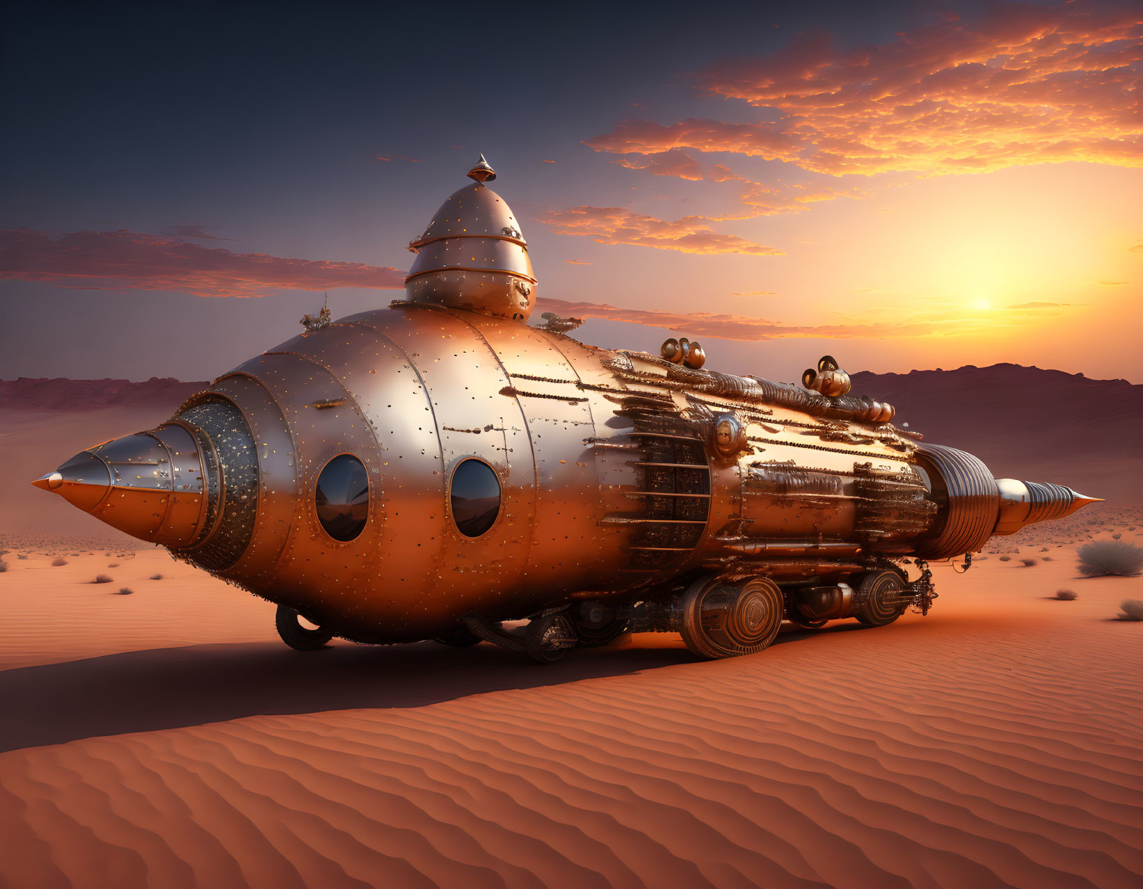 Steam-punk rocket ship stranded in desert sunset