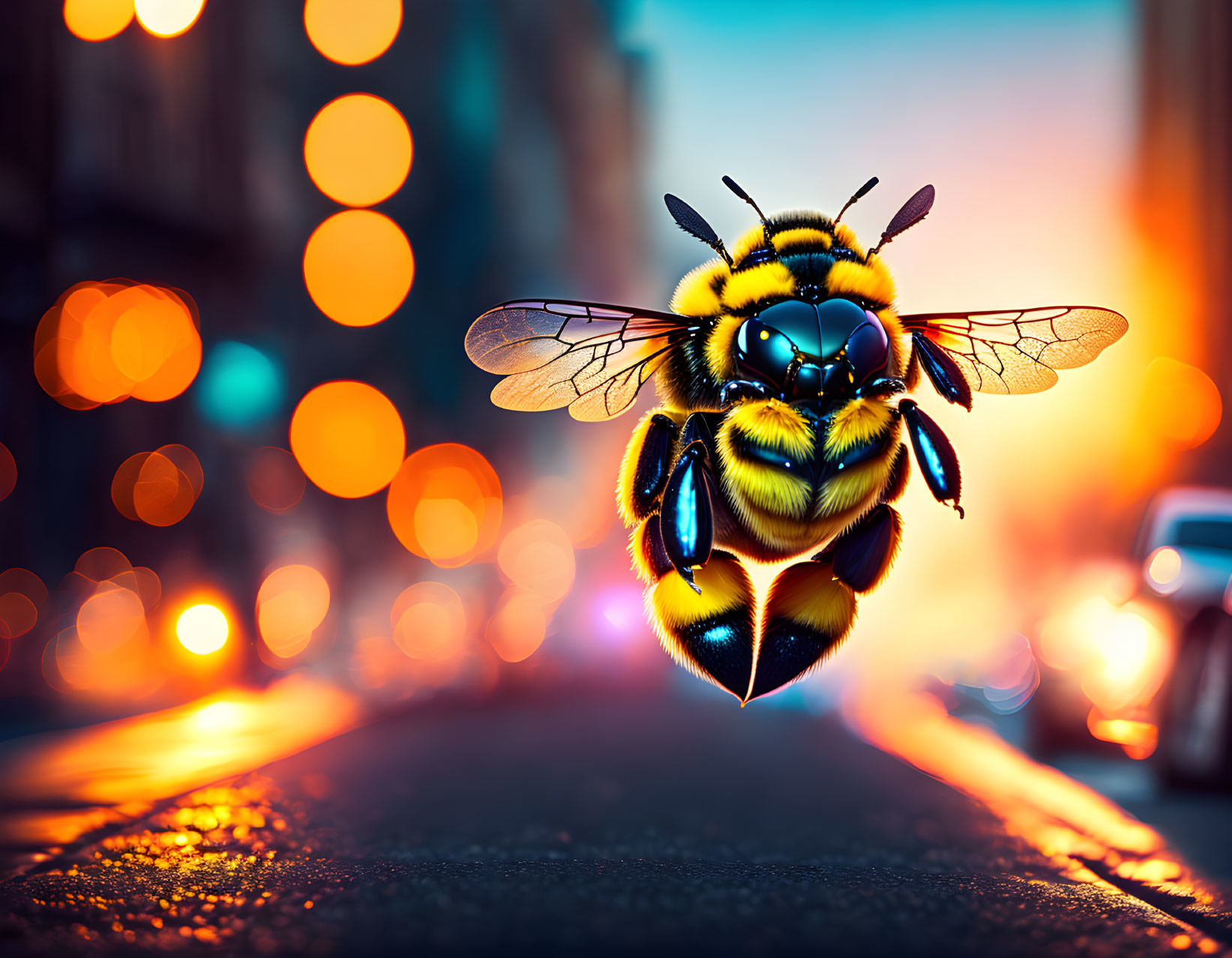 Close-Up Bee in Flight Over Bokeh Cityscape at Sunset