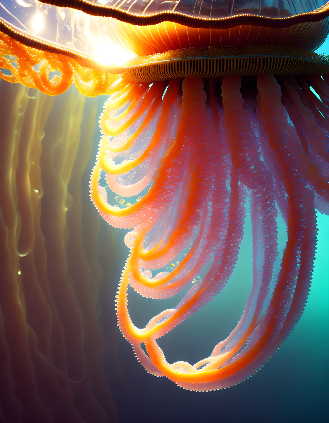 Luminous jellyfish with long orange tentacles in golden-lit underwater scene