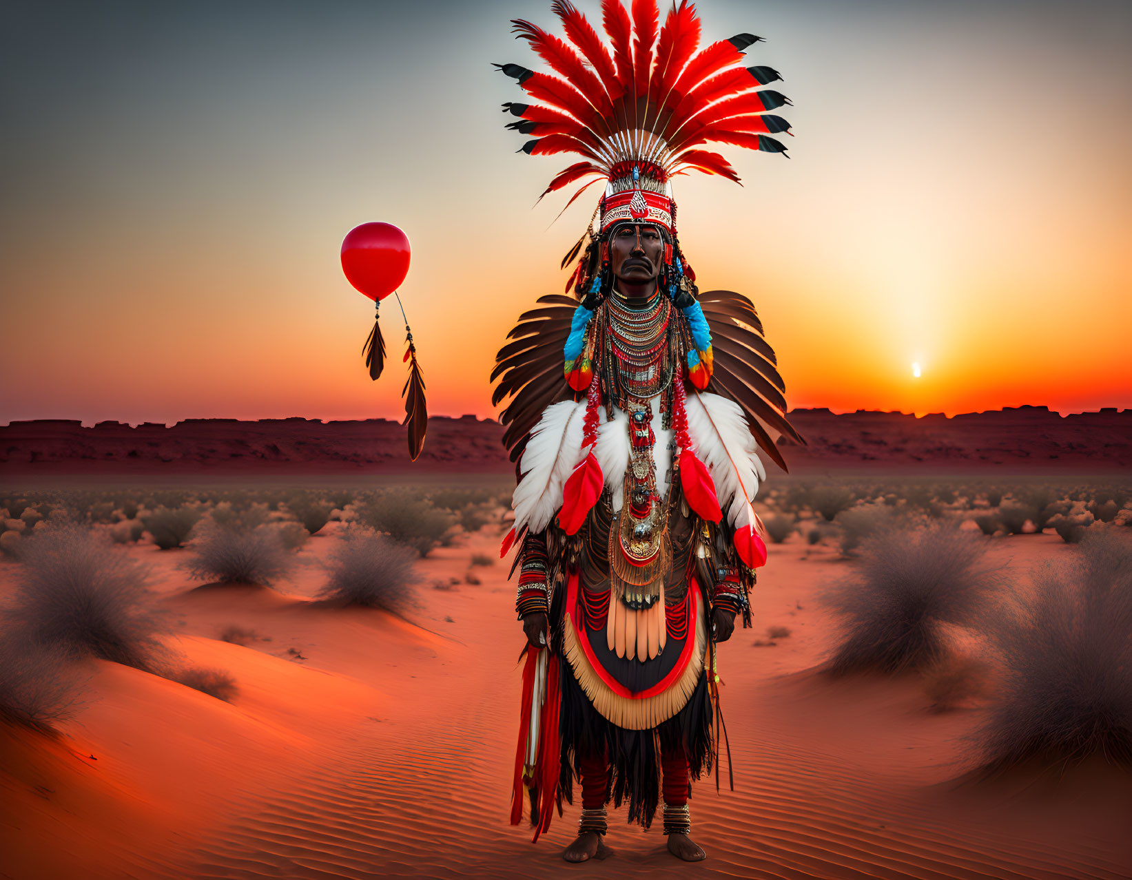 Vibrant Native American headdress in desert sunset with red balloon