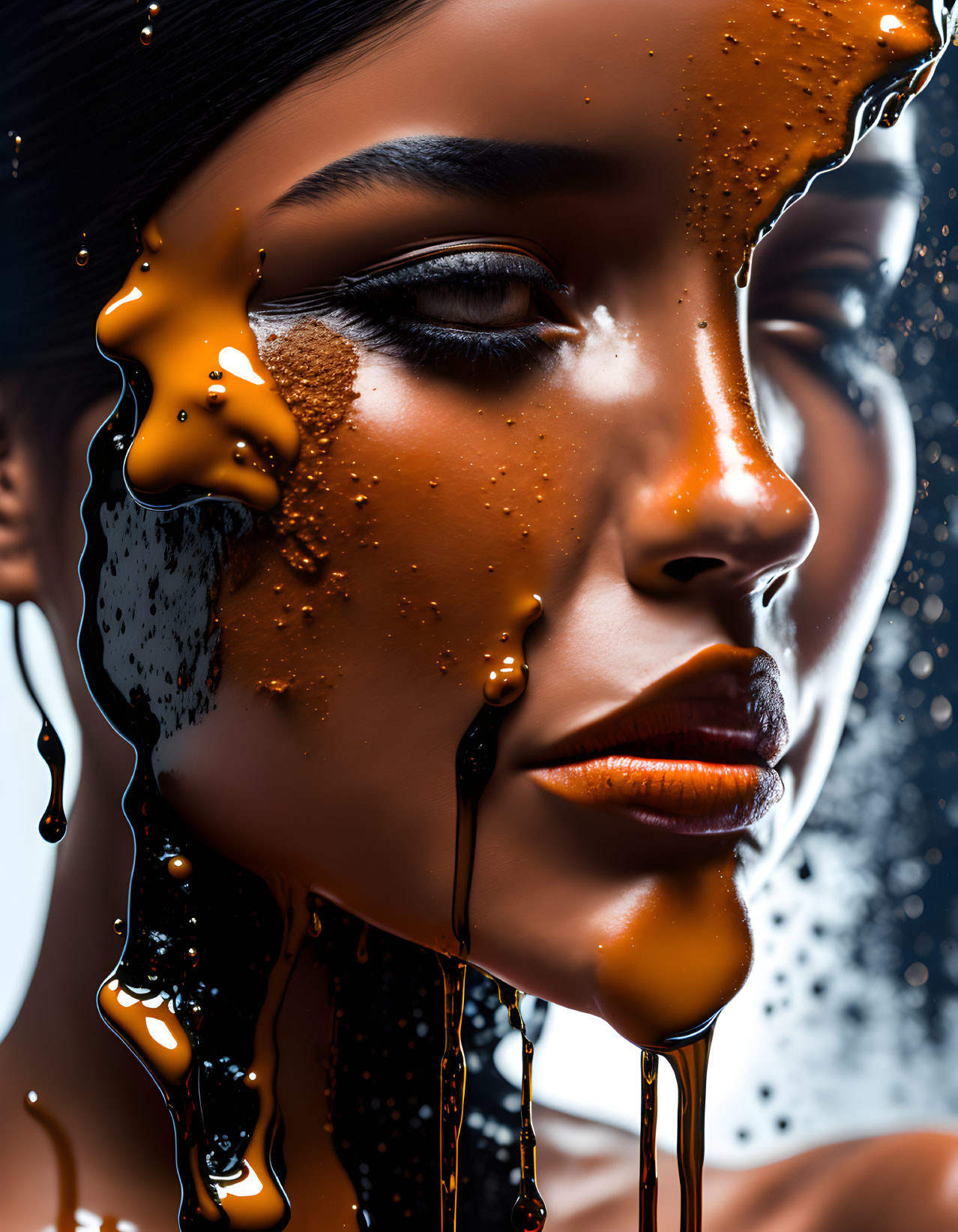 Close-up of woman's face with caramel-colored liquid dripping on dark background