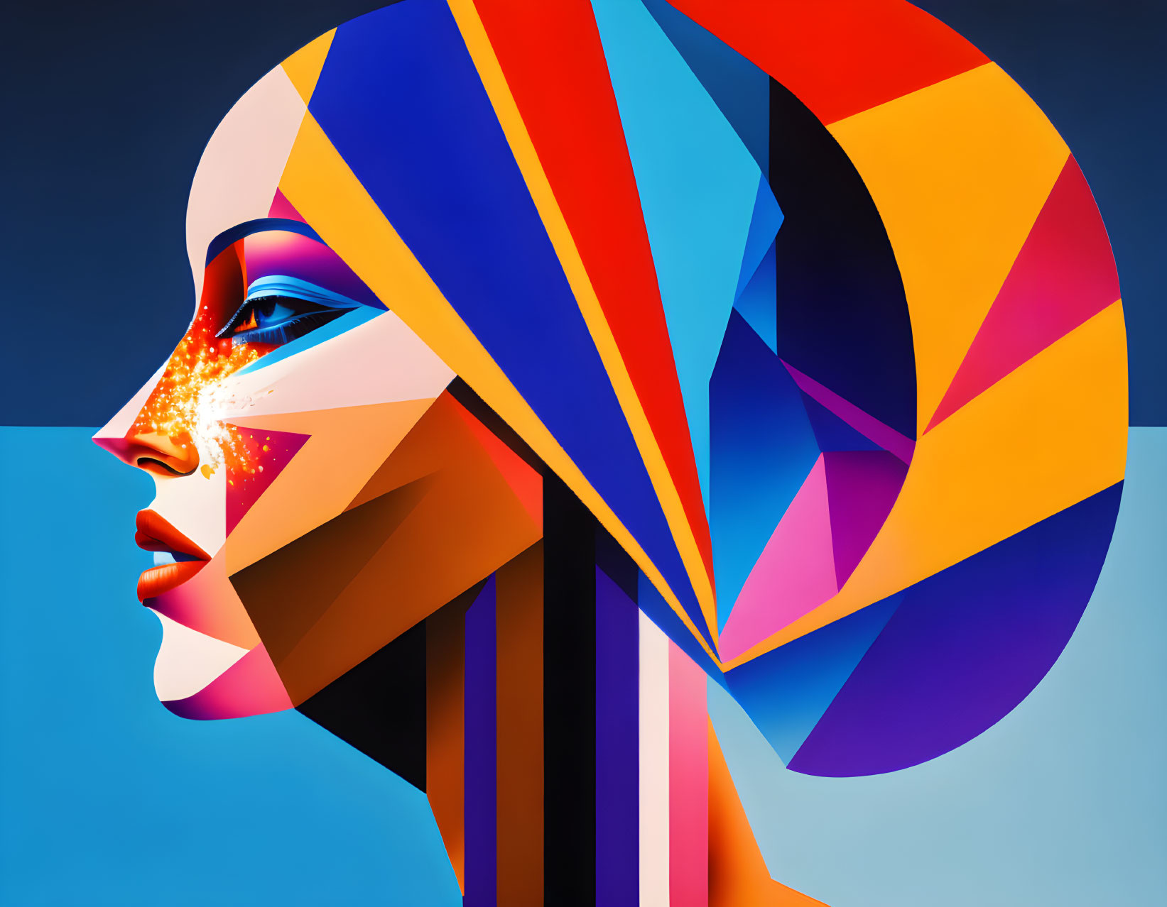 Colorful digital artwork: Woman with geometric patterns and bold colors.