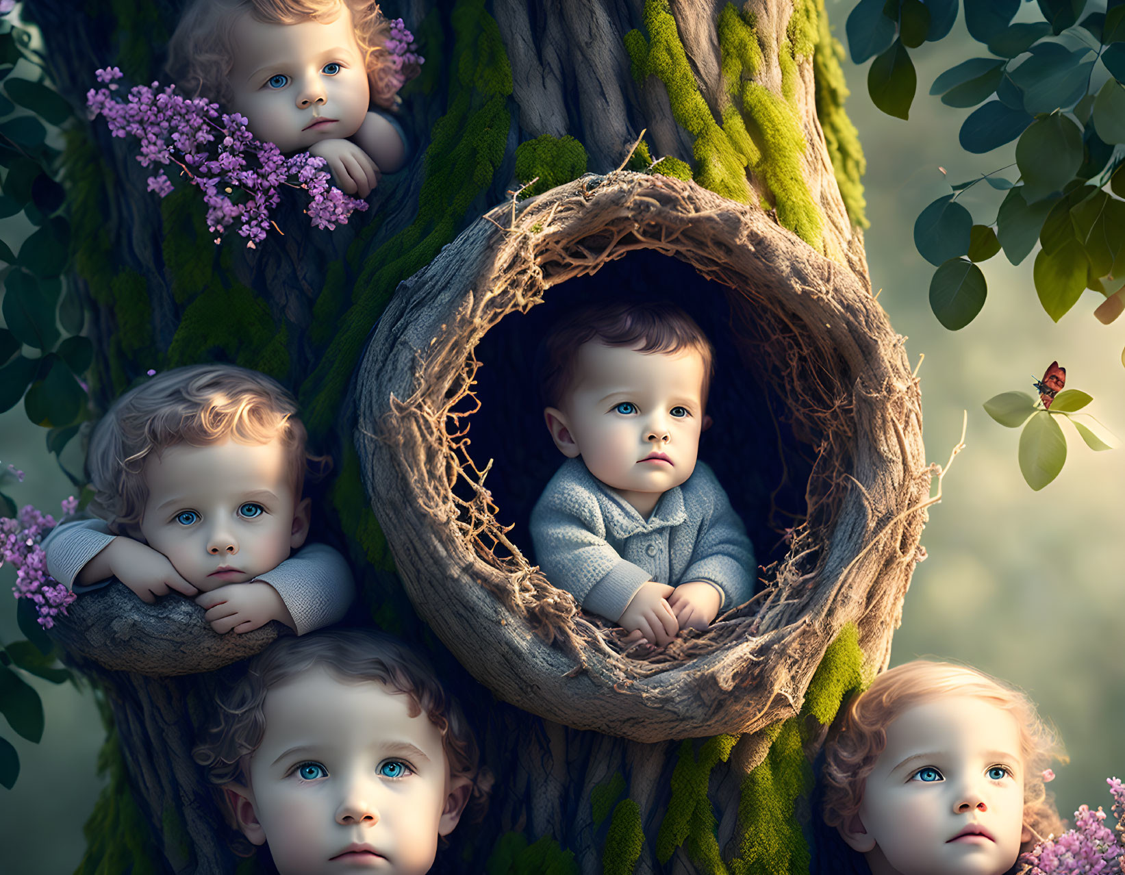 Five Babies with Various Expressions in Tree Holes Among Purple Flowers