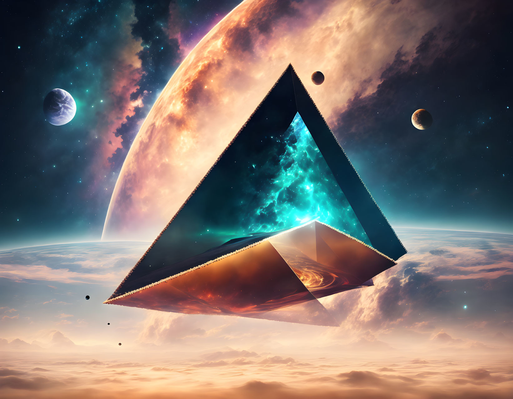 Inverted glass pyramid in cosmic surreal scene