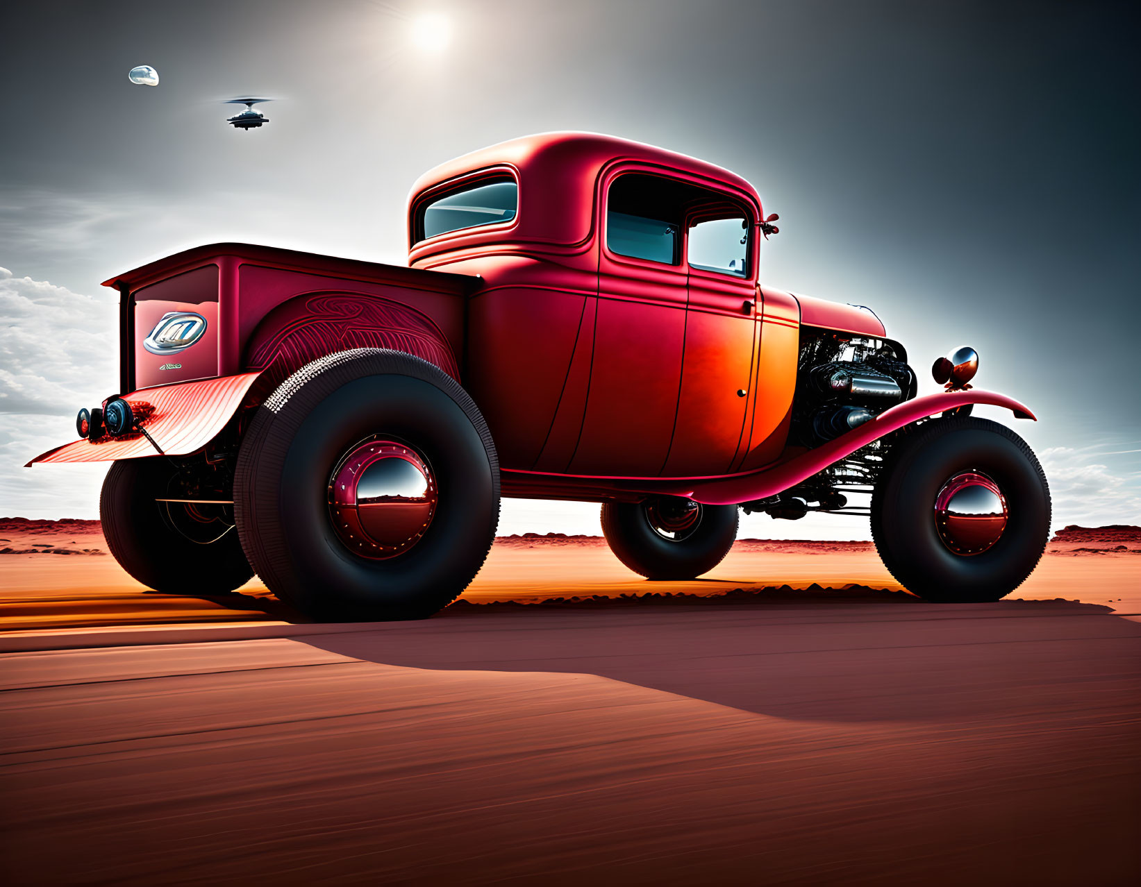 Classic Red Hot Rod Pickup Truck in Desert Setting with Dramatic Sky & Futuristic Aircraft