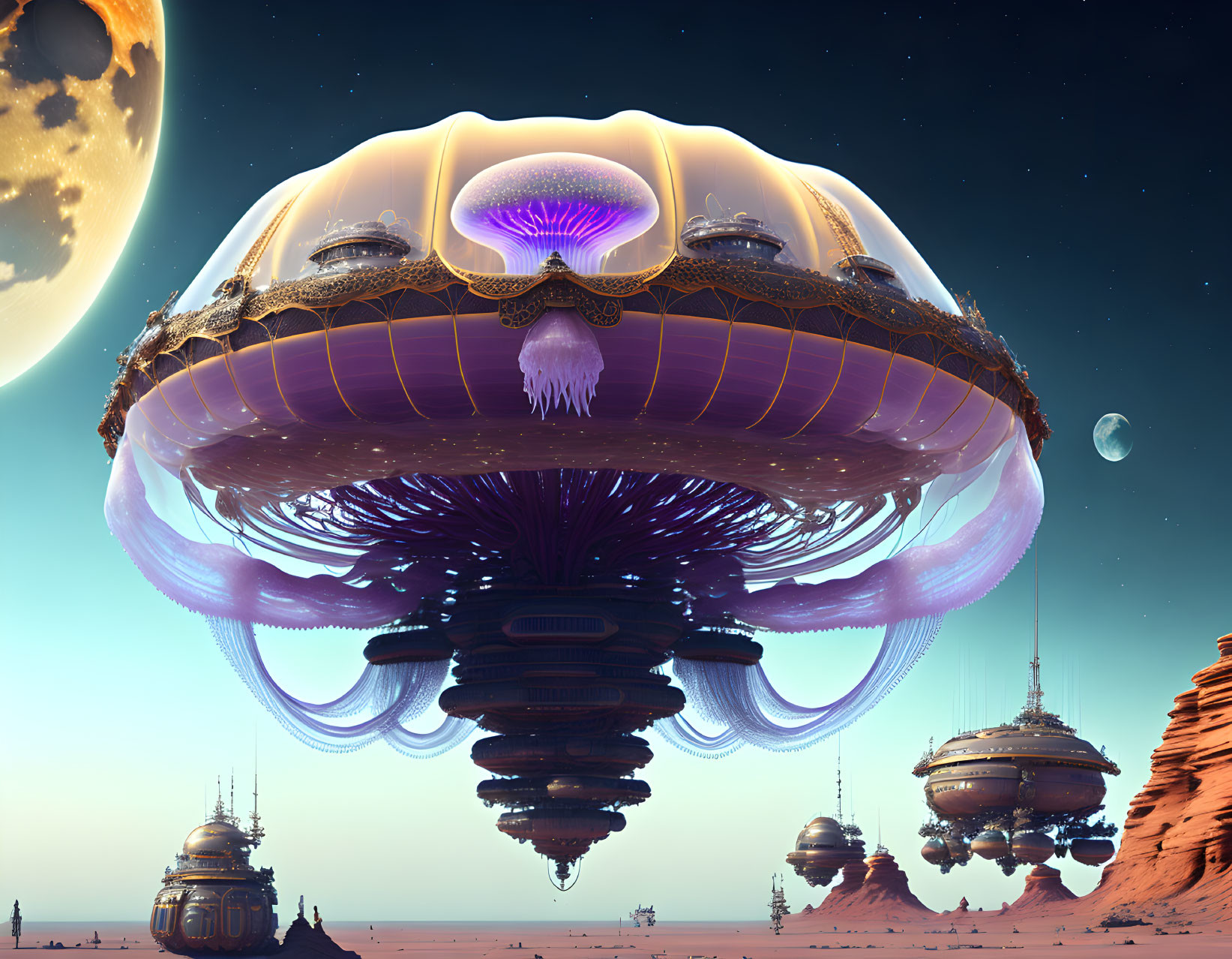 Futuristic cityscape with jellyfish-like buildings in desert under two moons