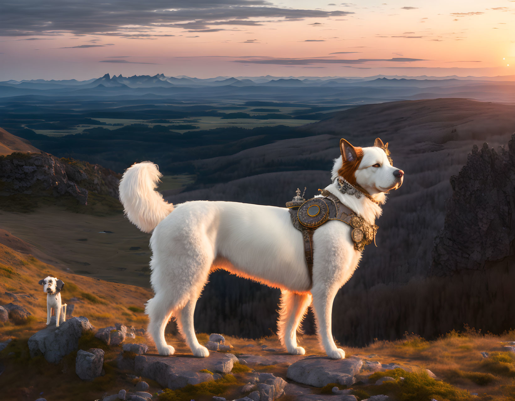 White dog with decorated harness on hill at sunset overlooking vast landscape