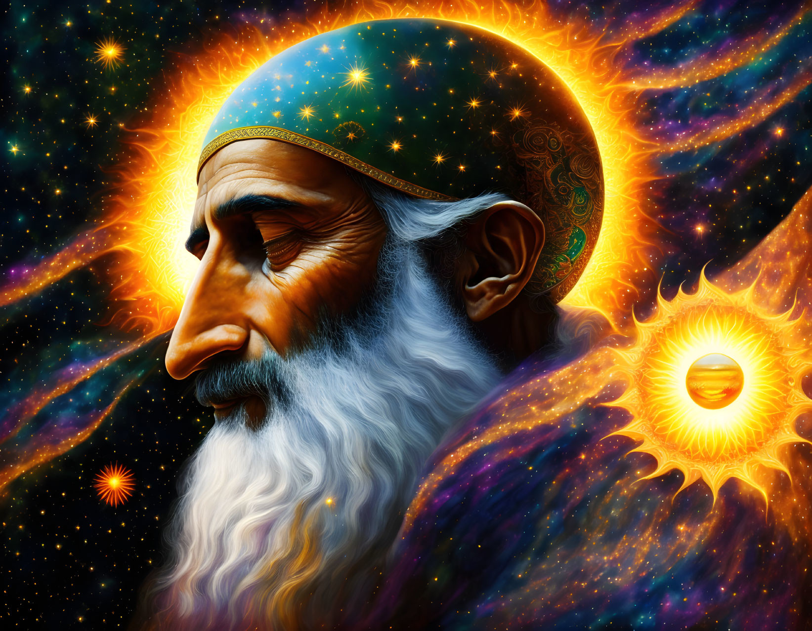 Elderly Man with Cosmos-Themed Halo and Celestial Elements