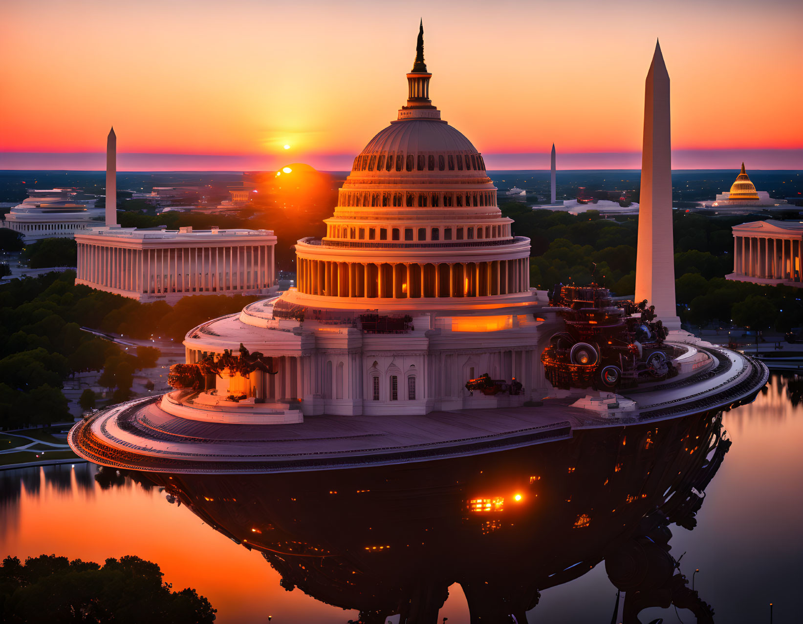 Iconic United States Capitol and Washington Monument at sunset with water reflection.