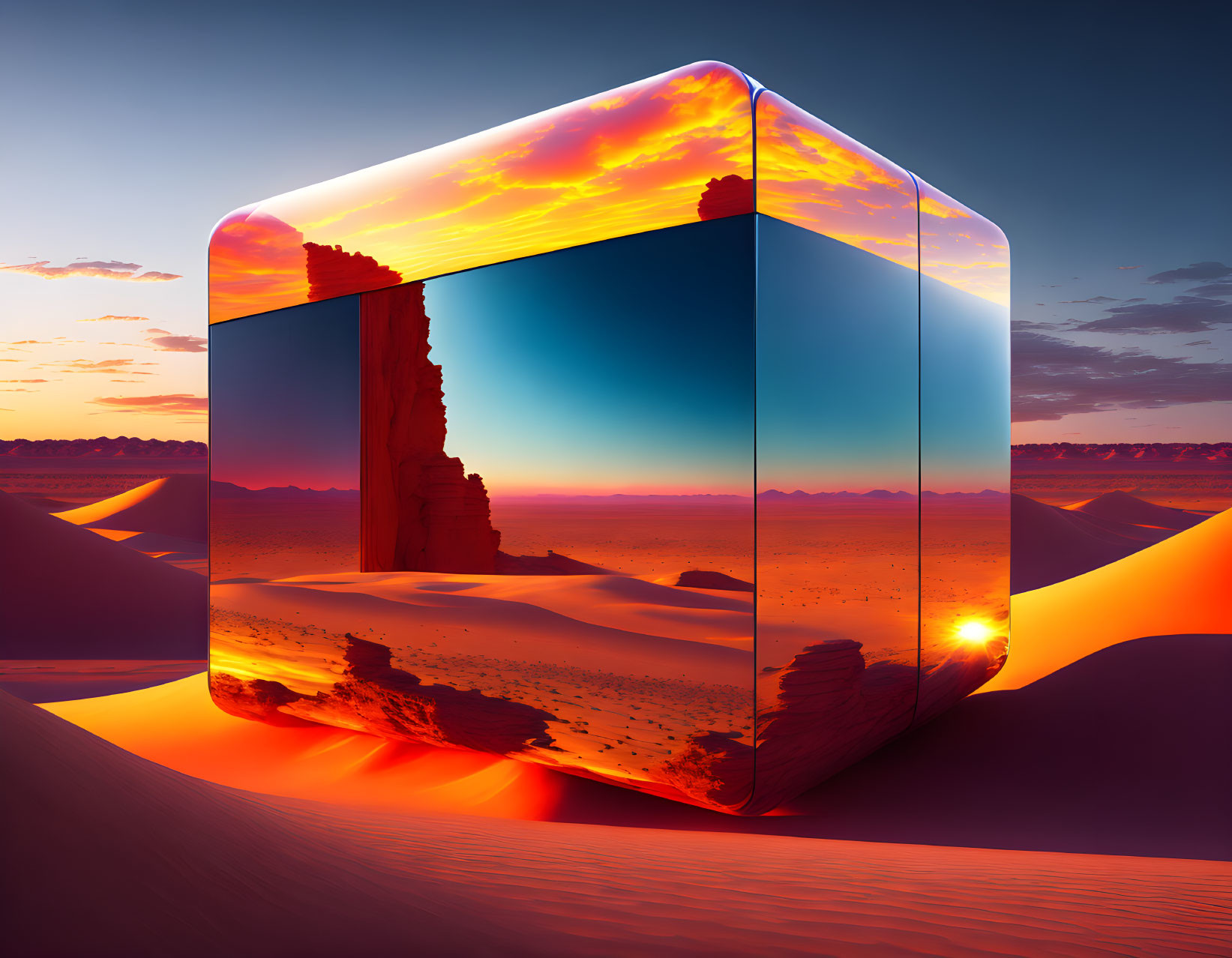 Surreal sunset reflected in glossy cube amid desert landscape