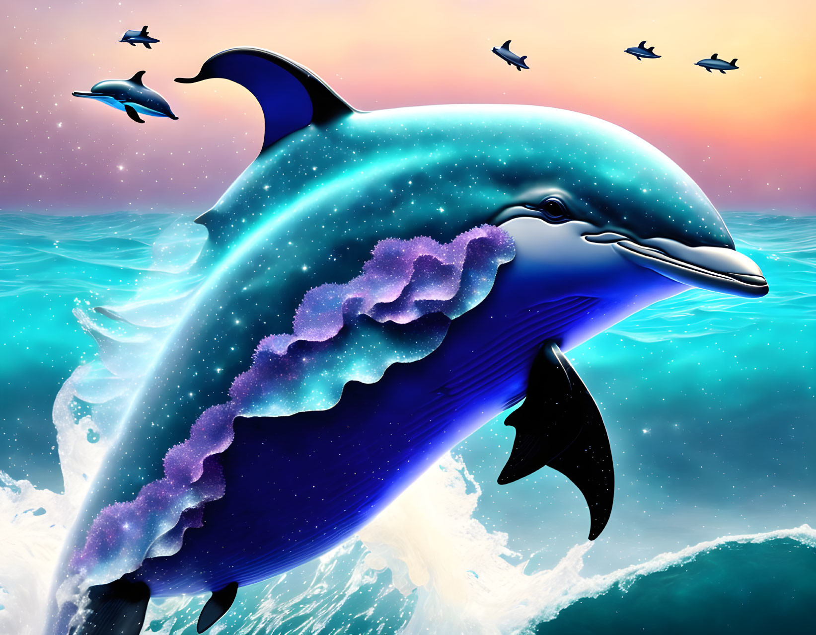 Colorful Cosmic Dolphin Leaping from Ocean Waves