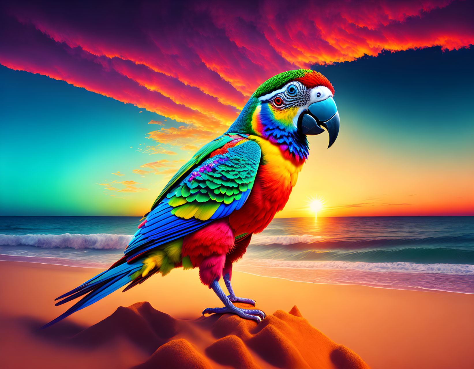 Colorful Macaw Parrot on Beach at Sunset