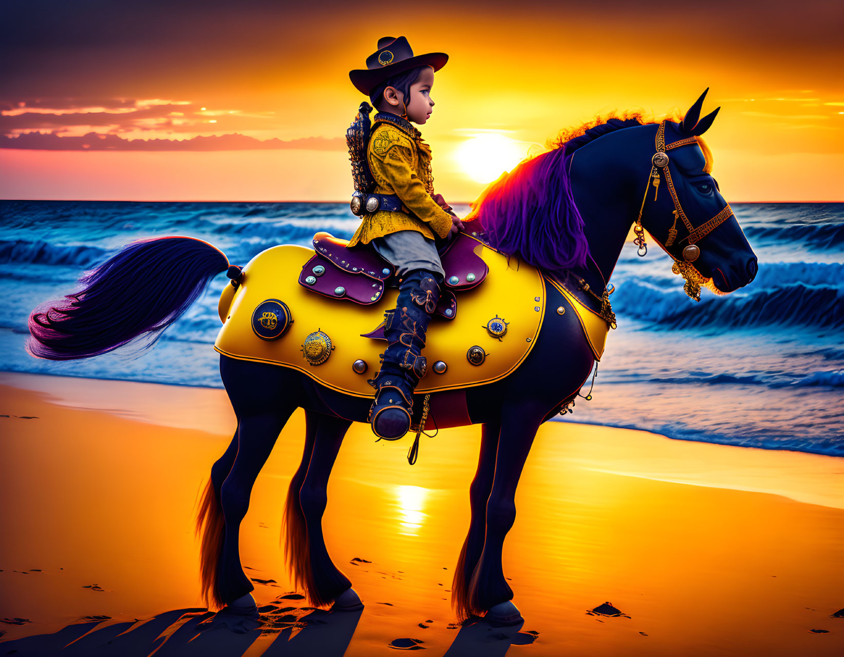 Child in cowboy outfit riding black horse on beach at sunset