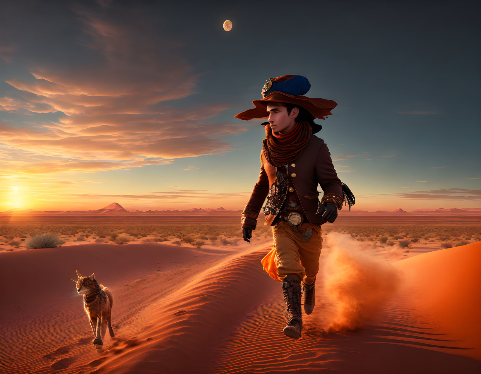 Stylized 18th-Century Pirate and Fox on Sunset Sand Dunes